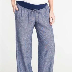 Foldover Waist Blue Linen Maternity Pants